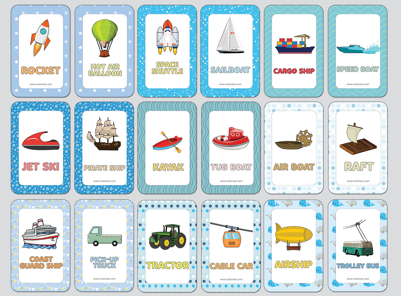 Creanoso Kinds of Transportation Learning Cards (2-Deck) - Classroom Reward Incentives for Students and Children - Stocking Stuffers Party Favors & Giveaways for Teens & Adults