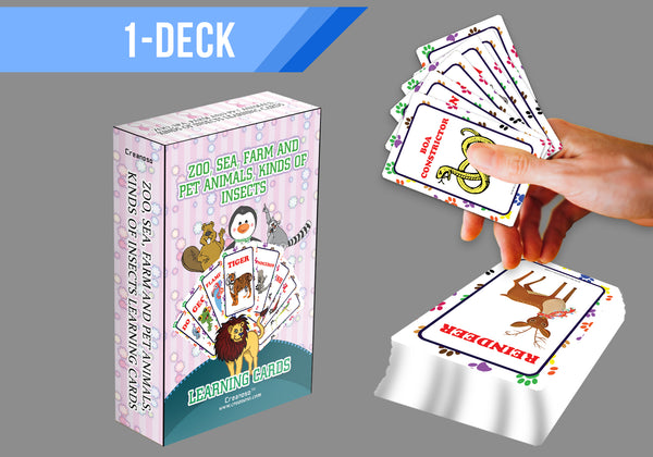 Creanoso Zoo, Sea, Farm and Pet Animals, Kinds of Insects Learning Cards (1-Deck) - Stocking Stuffers Educational Flashcards for Children â€“ Perfect Parents Teachers Teaching Assistance Tool