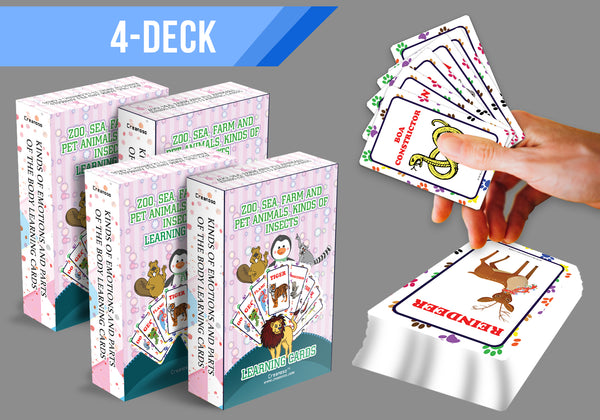 Creanoso Zoo, Sea, Farm and Pet Animals, Kinds of Insects Learning Cards for Kids Bulk Set (4-Deck) â€“ Great Bulk Buy Value Savers Teaching Assistant Tool - Stocking Stuffers Gifts