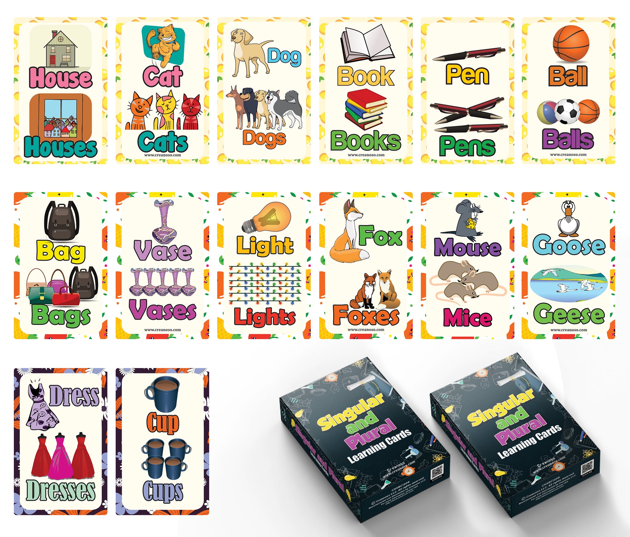 Creanoso Singular and Plural Learning Cards for Boys Girls (2-Deck) â€“ Learning Day Care Classroom Nursery Home Teaching Supplementary Educational Card Pack for Parent Teachers Boys Girls