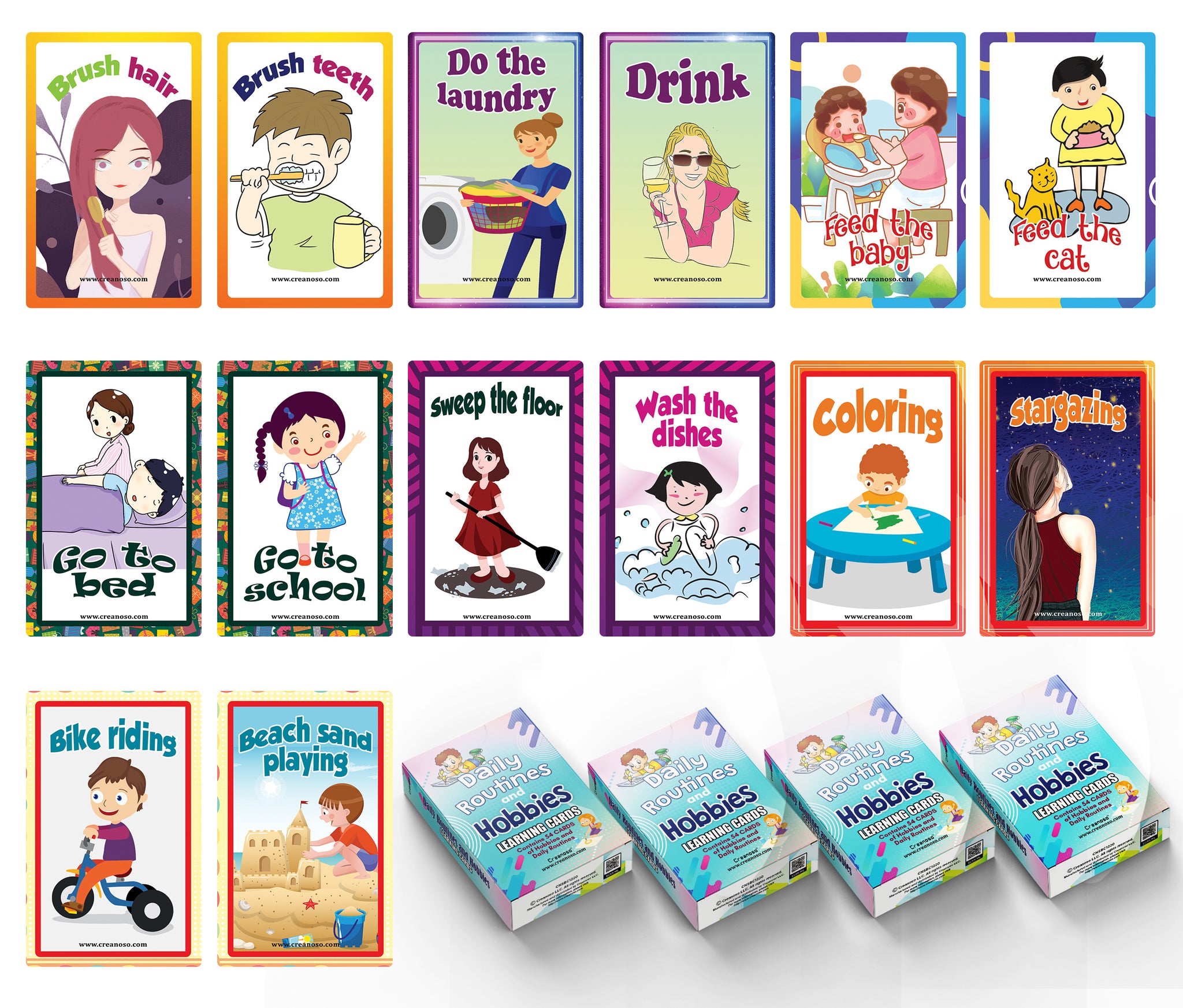 Daily Routines and Hobbies Learning Cards (4-Deck)
