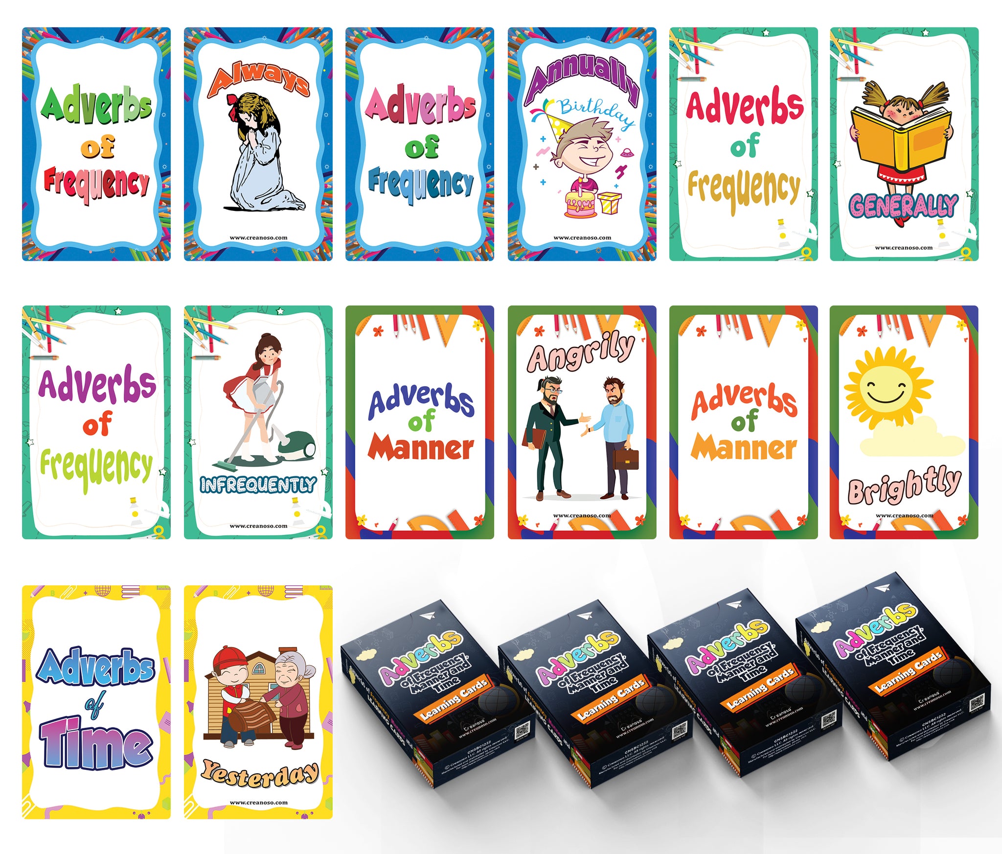 Adverbs of Frequency, Manner and Time Learning Cards (4-Deck X 54 Cards)