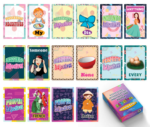 Possessive, Interrogative, Indefinite Adjectives Learning Cards (1-Deck X 54 Cards)