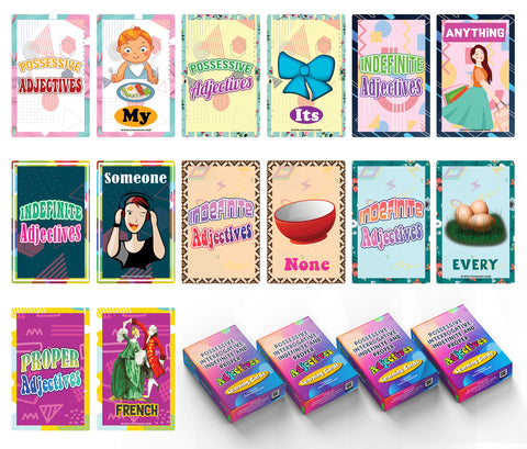 Possessive, Interrogative, Indefinite Adjectives Learning Cards (4-Deck X 54 Cards)