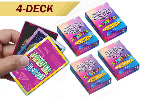 Possessive, Interrogative, Indefinite Adjectives Learning Cards (4-Deck X 54 Cards)