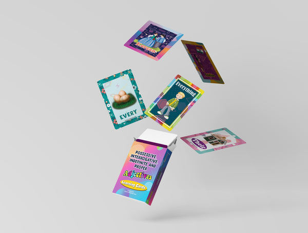 Possessive, Interrogative, Indefinite Adjectives Learning Cards (4-Deck X 54 Cards)