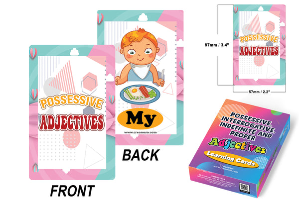 Possessive, Interrogative, Indefinite Adjectives Learning Cards (4-Deck X 54 Cards)