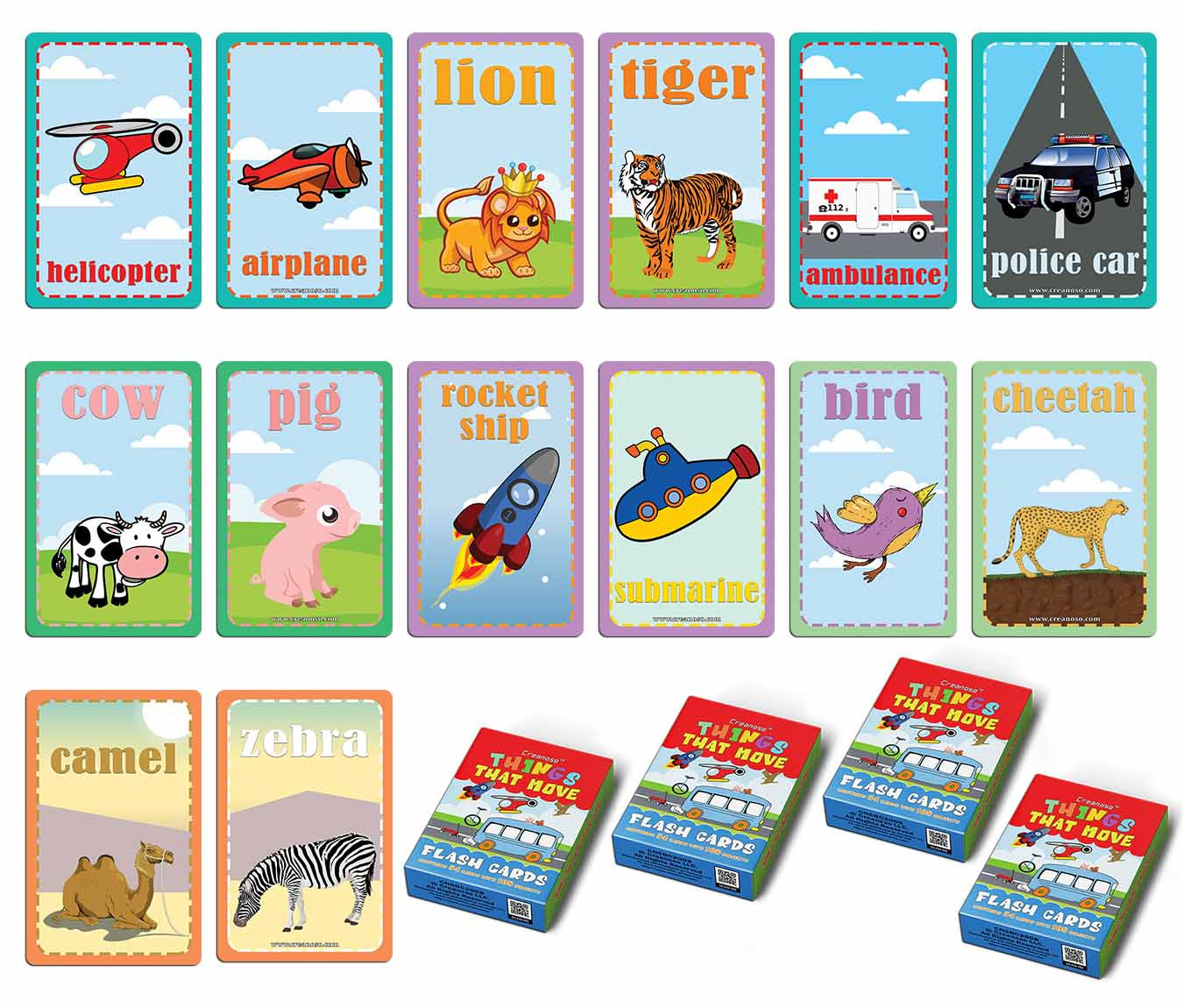Educational Moving Things Flash Cards for Kids Bulk Set (4-Deck) - Pretty Favors Decor Decal Supply - Stocking Stuffers Gifts for Boys Girls Home Activities - High Quality Poker Size Standard Decks