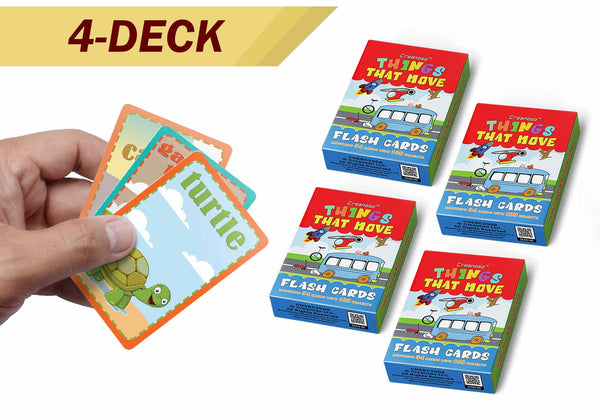 Educational Moving Things Flash Cards for Kids Bulk Set (4-Deck) - Pretty Favors Decor Decal Supply - Stocking Stuffers Gifts for Boys Girls Home Activities - High Quality Poker Size Standard Decks