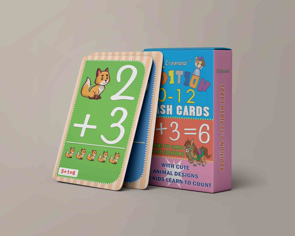 Creanoso Cute Animals Learning Addition 0-12 Flash Cards - Home Schooling Parent Teaching Assistance Material - Educational Cards Pack
