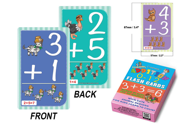 Creanoso Cute Animals Learning Addition 0-12 Flash Cards - Home Schooling Parent Teaching Assistance Material - Educational Cards Pack