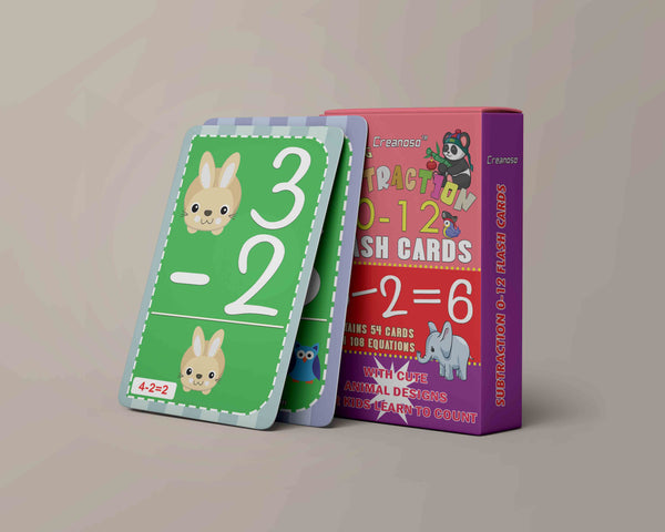 Creanoso Cute Animals Learning Subtraction 0-12 Flash Cards - Home Schooling Parent Teaching Assistance Material - Educational Cards Pack