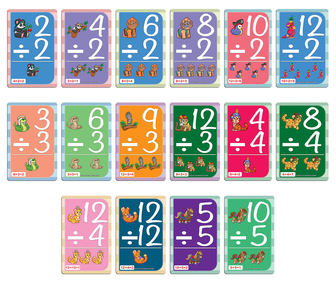 Creanoso Cute Animals Learning Division 0-12 Flash Cards - Home Schooling Parent Teaching Assistance Material - Educational Cards Pack
