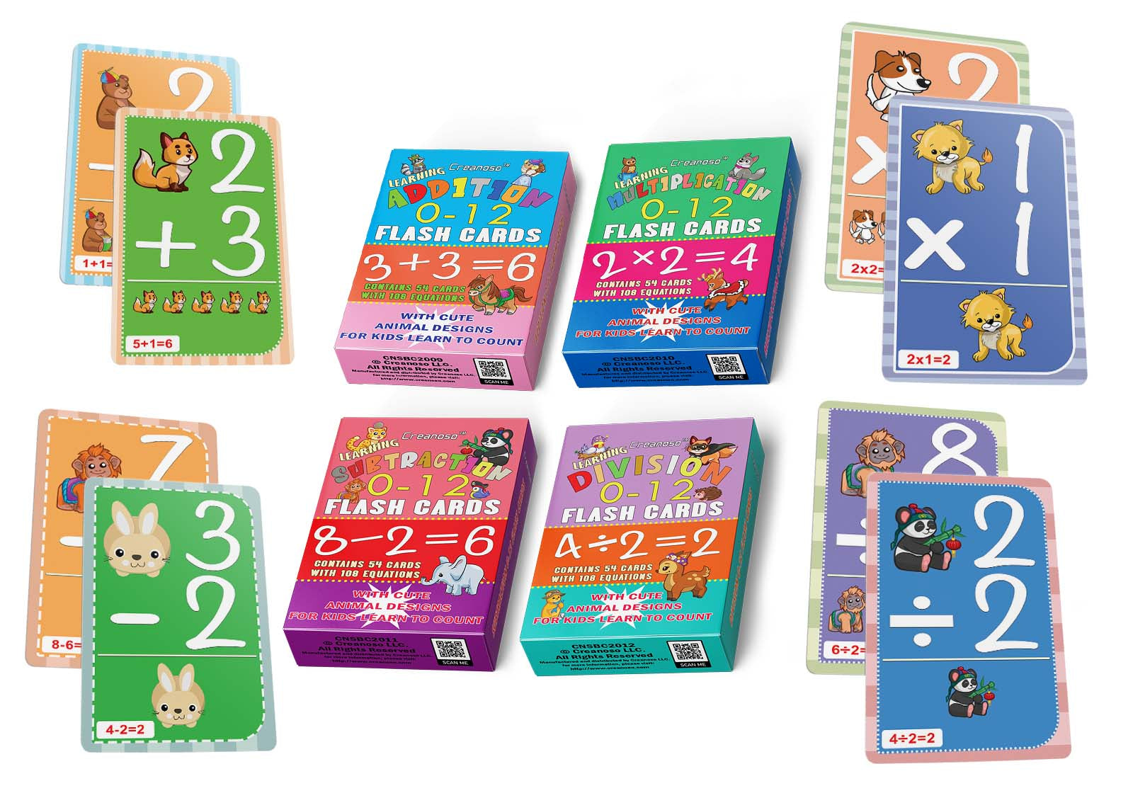 Addition, Multiplication, Subtraction, Division 0-12 Flash Cards Variety Pack (4-Deck) - Pretty Favors Decor Decal Supply - Stocking Stuffers Gifts for Boys Girls Christmas Holidays Activities