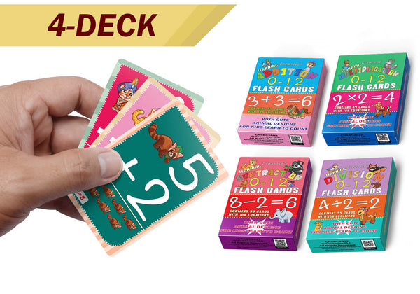 Addition, Multiplication, Subtraction, Division 0-12 Flash Cards Variety Pack (4-Deck) - Pretty Favors Decor Decal Supply - Stocking Stuffers Gifts for Boys Girls Christmas Holidays Activities
