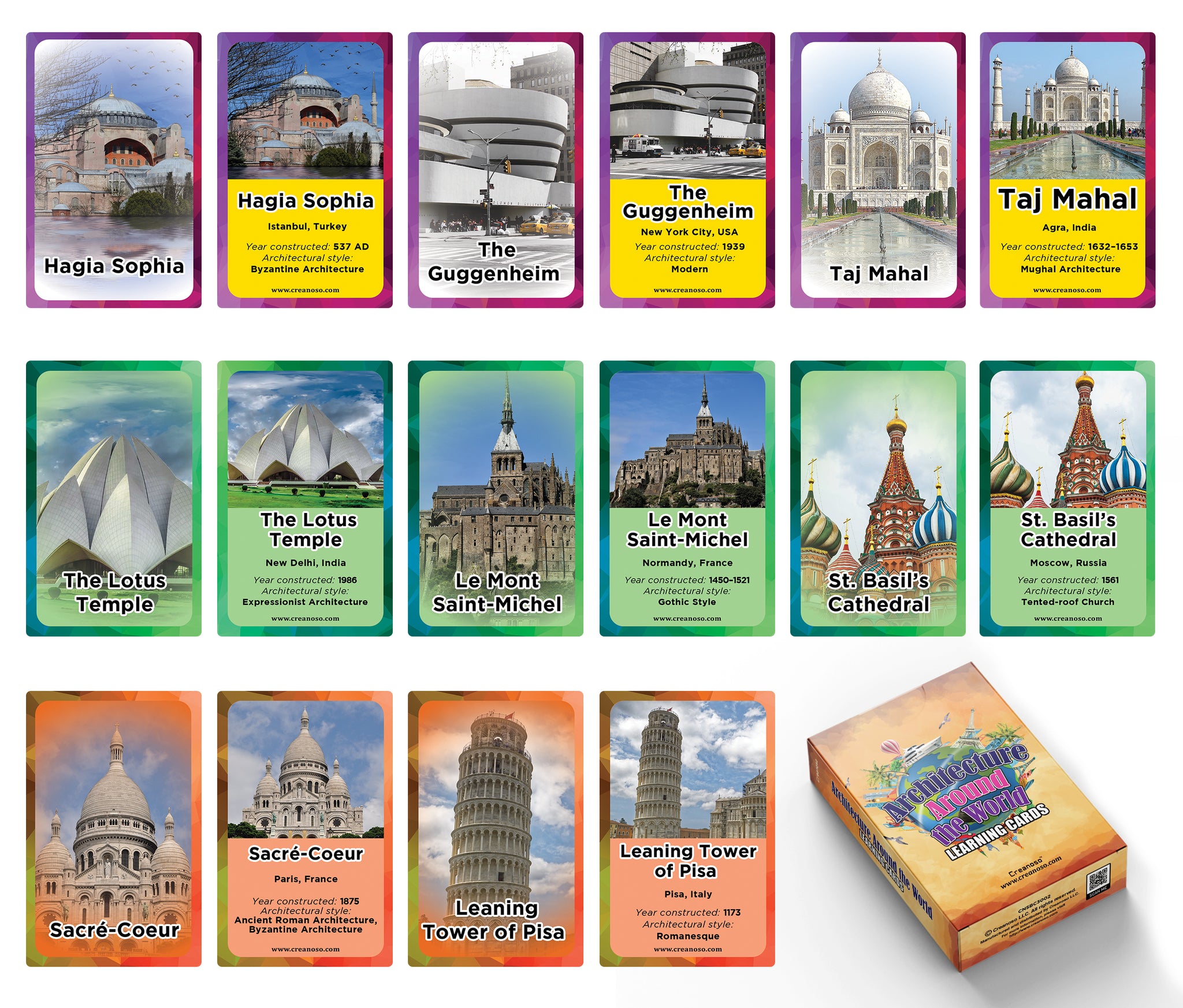Creanoso Architecture Around the World Learning Cards (1-Deck) - Stocking Stuffers Educational Flashcards for Children â€“ Perfect Parents Teachers Teaching Assistance Tool