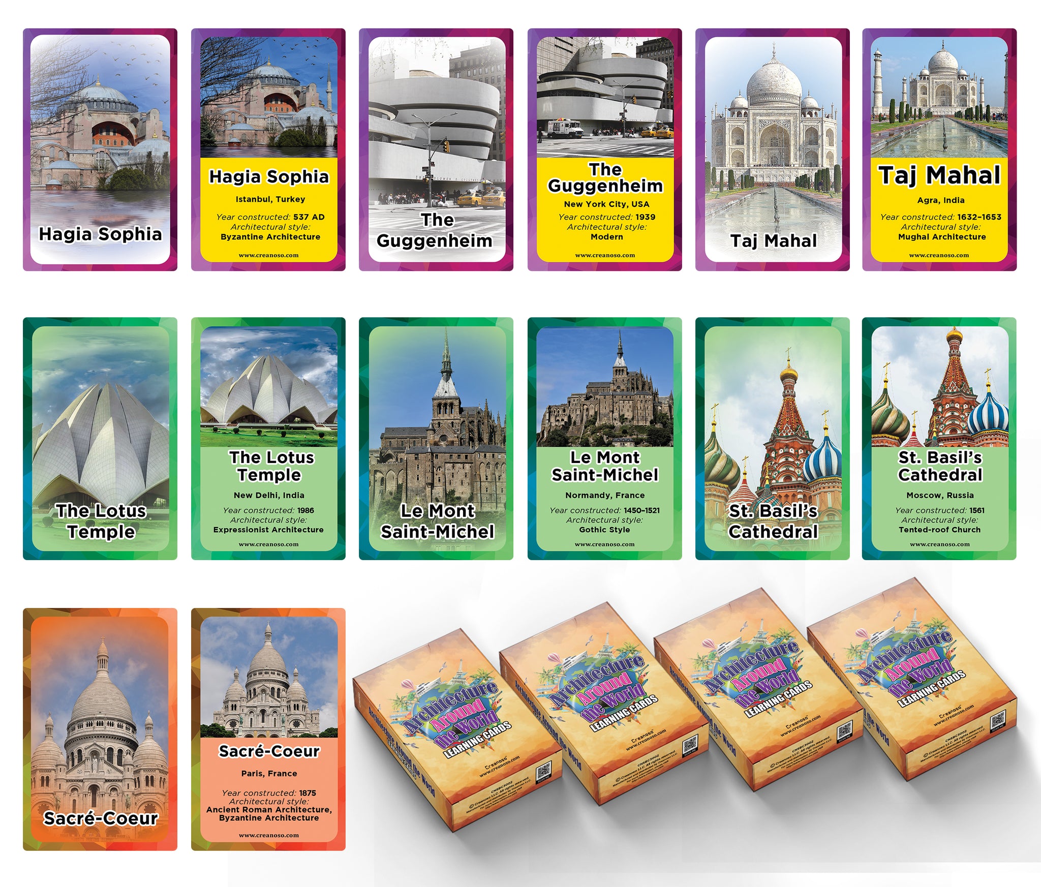 Creanoso Architecture Around the World Learning Cards (4-Deck) â€“ Great Bulk Buy Value Savers Teaching Assistant Tool - Stocking Stuffers Gifts for Boys Girls Home Activities