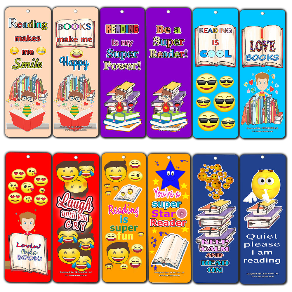 Creanoso Smiley Face Bookmarks Cards for Kids (12-Pack) - Emoji Emoticon Bookmarker â€“ Classroom Incentives â€“ Teacher Rewards - Books Reading Rewards Incentives for Kids Boys Girls â€“ Teaching Supplies