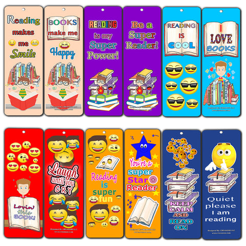 Creanoso Smiley Face Bookmarks Cards for Kids (12-Pack) - Emoji Emoticon Bookmarker â€“ Classroom Incentives â€“ Teacher Rewards - Books Reading Rewards Incentives for Kids Boys Girls â€“ Teaching Supplies