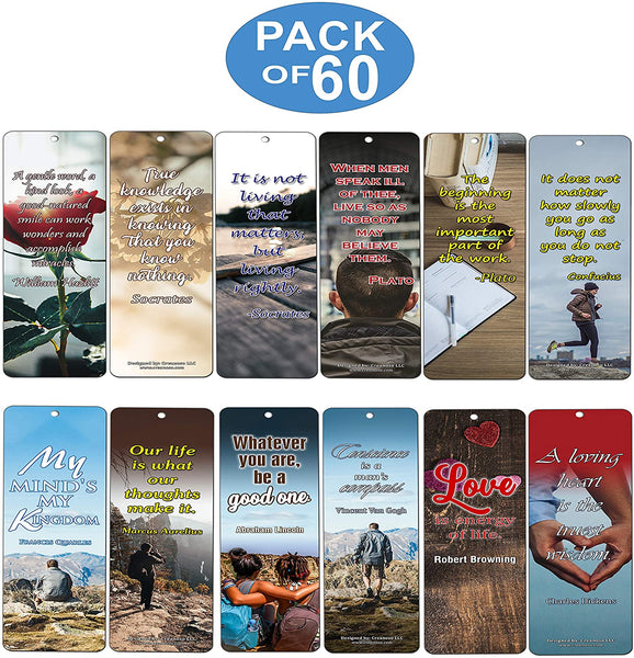Creanoso Daily Inspirational Life Quotes Bookmarks Cards (60-Pack) - Motivational Sayings for Men Women - Stocking Stuffers Gift