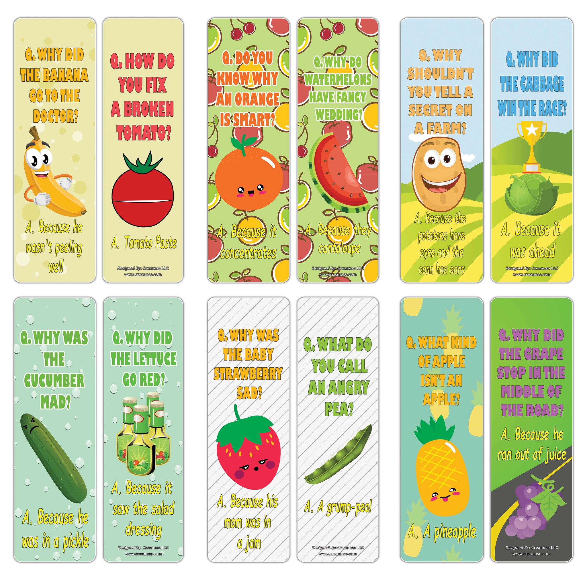 Creanoso Funny Fruit and Veggies Lunch Jokes Bookmarks for Kids ÃƒÂ¢Ã¢â€šÂ¬Ã¢â‚¬Å“ Premium Stocking Stuffers Gifts