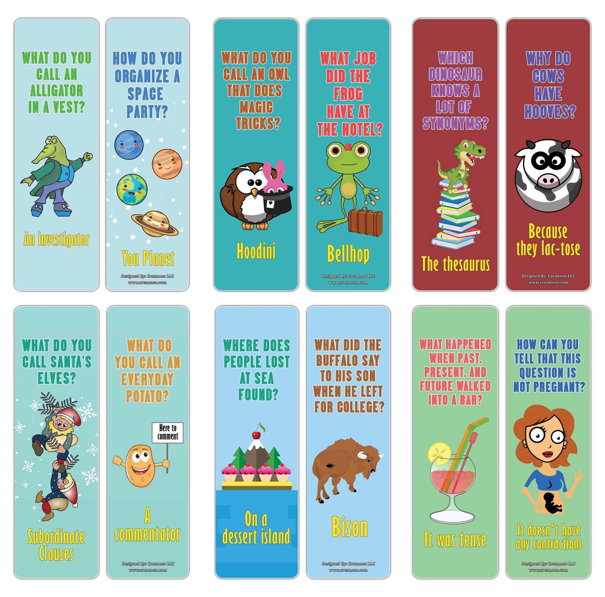 Creanoso English Grammar Puns Bookmarks (60-Pack) - Funny Jokes and Puns Book Page Clippers - Awesome Bookmarks for Linguists, English Teachers, Students, Professionals - Awesome Gift Ideas