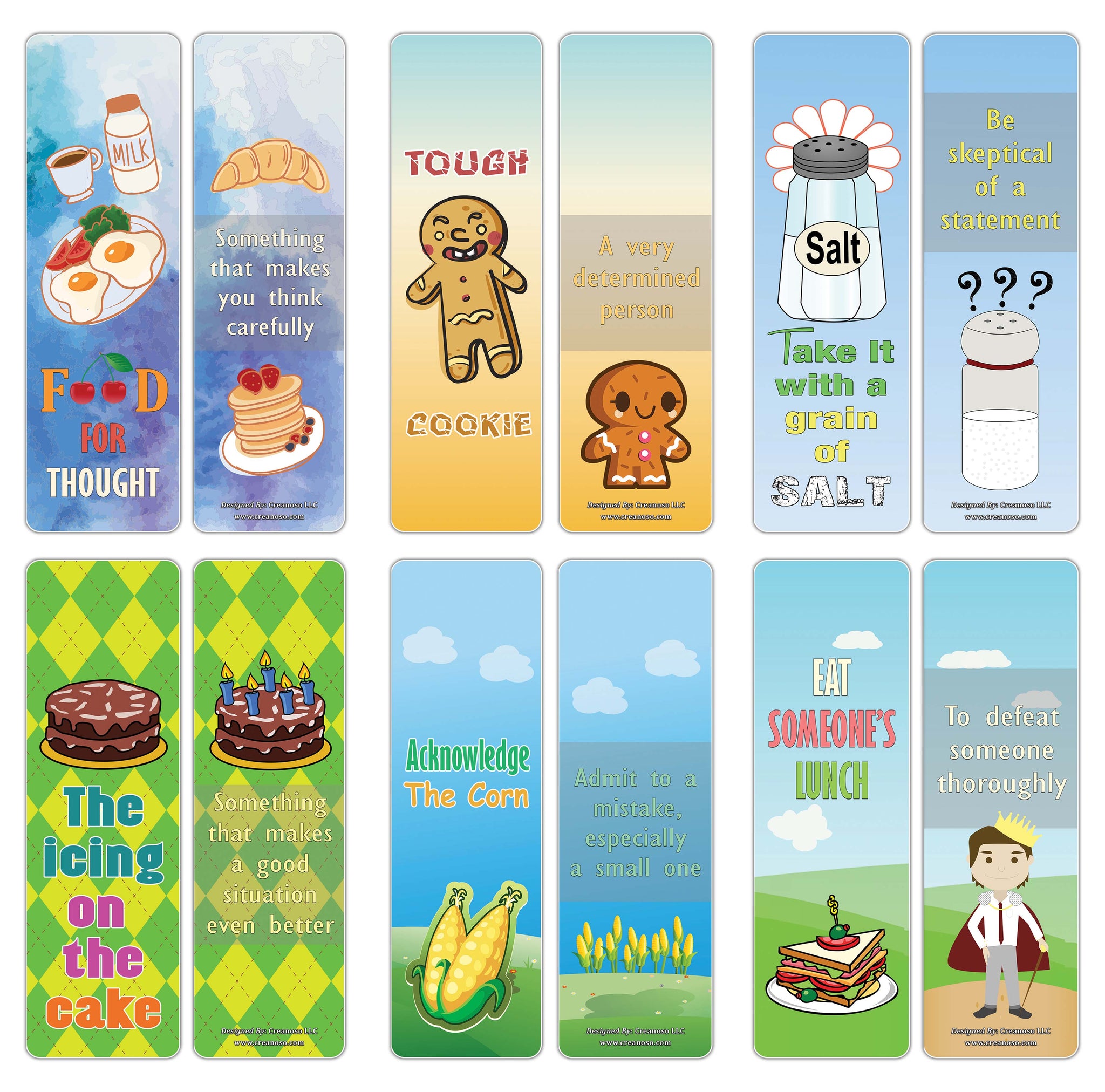 Creanoso Food Idioms Bookmarks Series II - Unique Book Page Clippers Bulk Pack Set