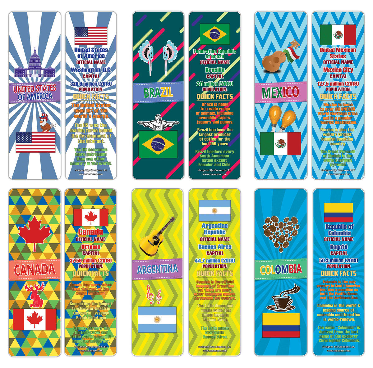 Creanoso The Americas Countries Facts Bookmarks - Unique Stocking Stuf