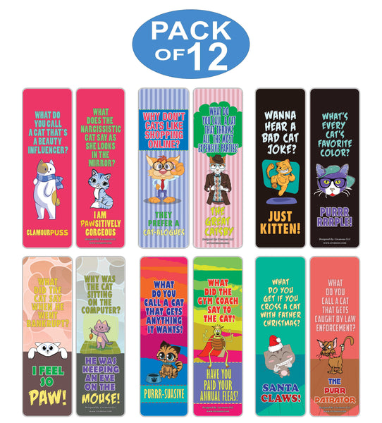 Creanoso Funny Cat Puns Jokes Bookmarks - Fun and Cool Stocking Stuffers Gifts (12-Pack)