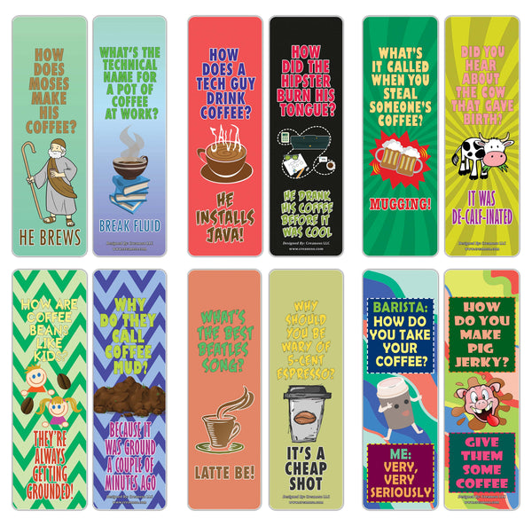 Creanoso Funny Coffee Puns Jokes Bookmarks - Fun and Cool Stocking Stuffers Gifts (12-Pack)