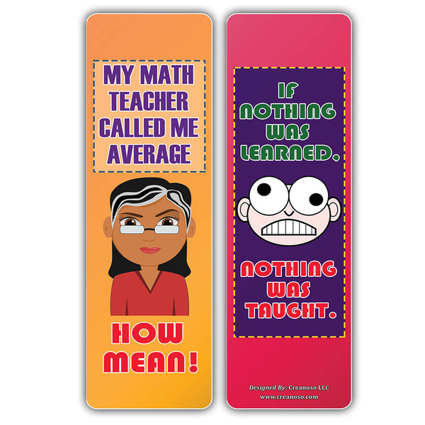 Creanoso School One Liners Jokes Bookmarks Series 1 - Unique Book Page Clippers Set for Bookworms