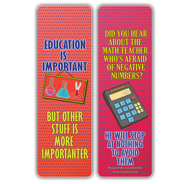 Creanoso School One Liners Jokes Bookmarks Series 1 - Unique Book Page Clippers Set for Bookworms