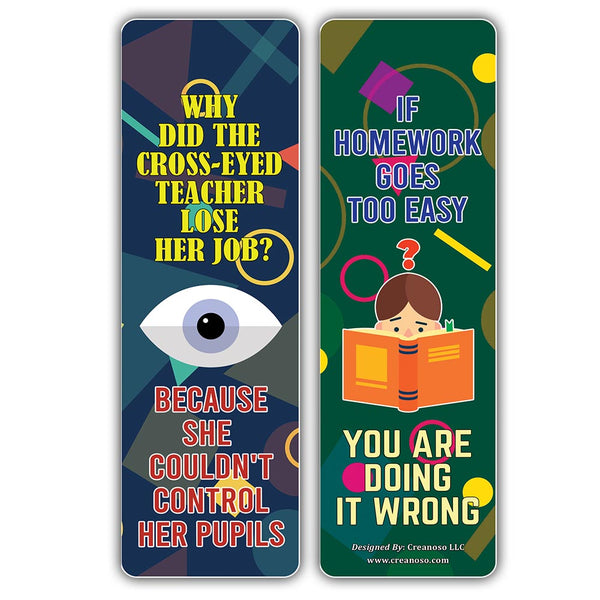 Creanoso School One Liners Jokes Bookmarks Series 1 - Unique Book Page Clippers Set for Bookworms