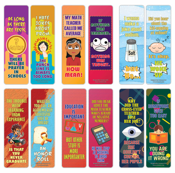 Creanoso School One Liners Jokes Bookmarks Series 1 - Unique Book Page Clippers Set for Bookworms
