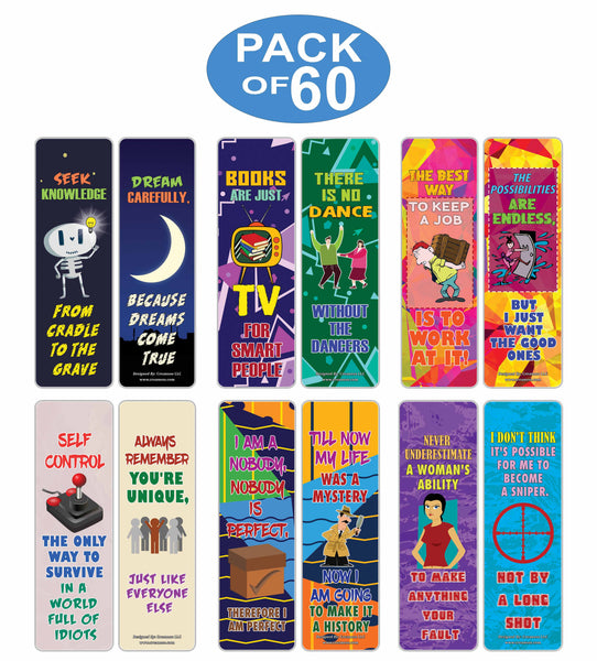 Creanoso Motivational One Liners Jokes Bookmarks Series 2 (60-Pack) Ã¢â‚¬â€œ Six Assorted Quality Bookmarker Cards Set Ã¢â‚¬â€œ Premium Gift Token Giveaways for Men, Women, Adults Ã¢â‚¬â€œ Book Page Clip