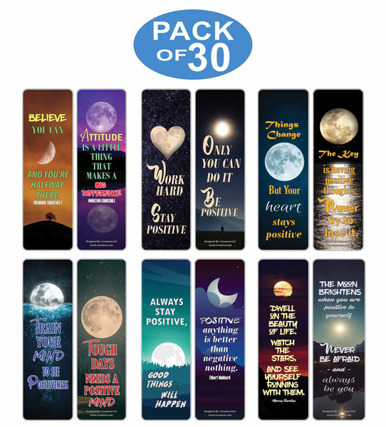 Creanoso Stay Positive Quotes Moon Bookmarks (30-Pack) â€“ Great Party Favors Card Set â€“ Epic Collection Set Book Page Clippers â€“ Cool Gifts for Men, Women, Teens, Bookworms â€“ DIY Kit