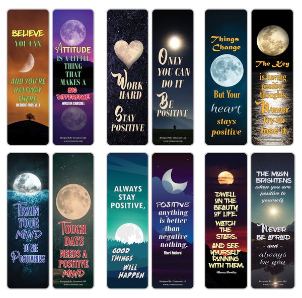 Creanoso Stay Positive Quotes Moon Bookmarks (30-Pack) â€“ Great Party Favors Card Set â€“ Epic Collection Set Book Page Clippers â€“ Cool Gifts for Men, Women, Teens, Bookworms â€“ DIY Kit