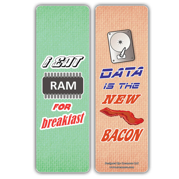 Creanoso Techie Sayings Technology Bookmarks (30-Pack) â€“ Awesome Bookmarks for Geeks, Nerds, Tech Lovers â€“ Unique Book Reading Page Binders â€“ Stocking Stuffers Gifts Rewards Token Ideas