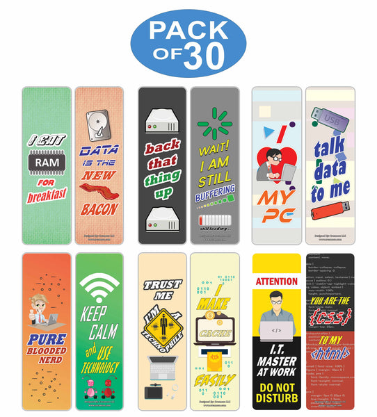 Creanoso Techie Sayings Technology Bookmarks (30-Pack) â€“ Awesome Bookmarks for Geeks, Nerds, Tech Lovers â€“ Unique Book Reading Page Binders â€“ Stocking Stuffers Gifts Rewards Token Ideas