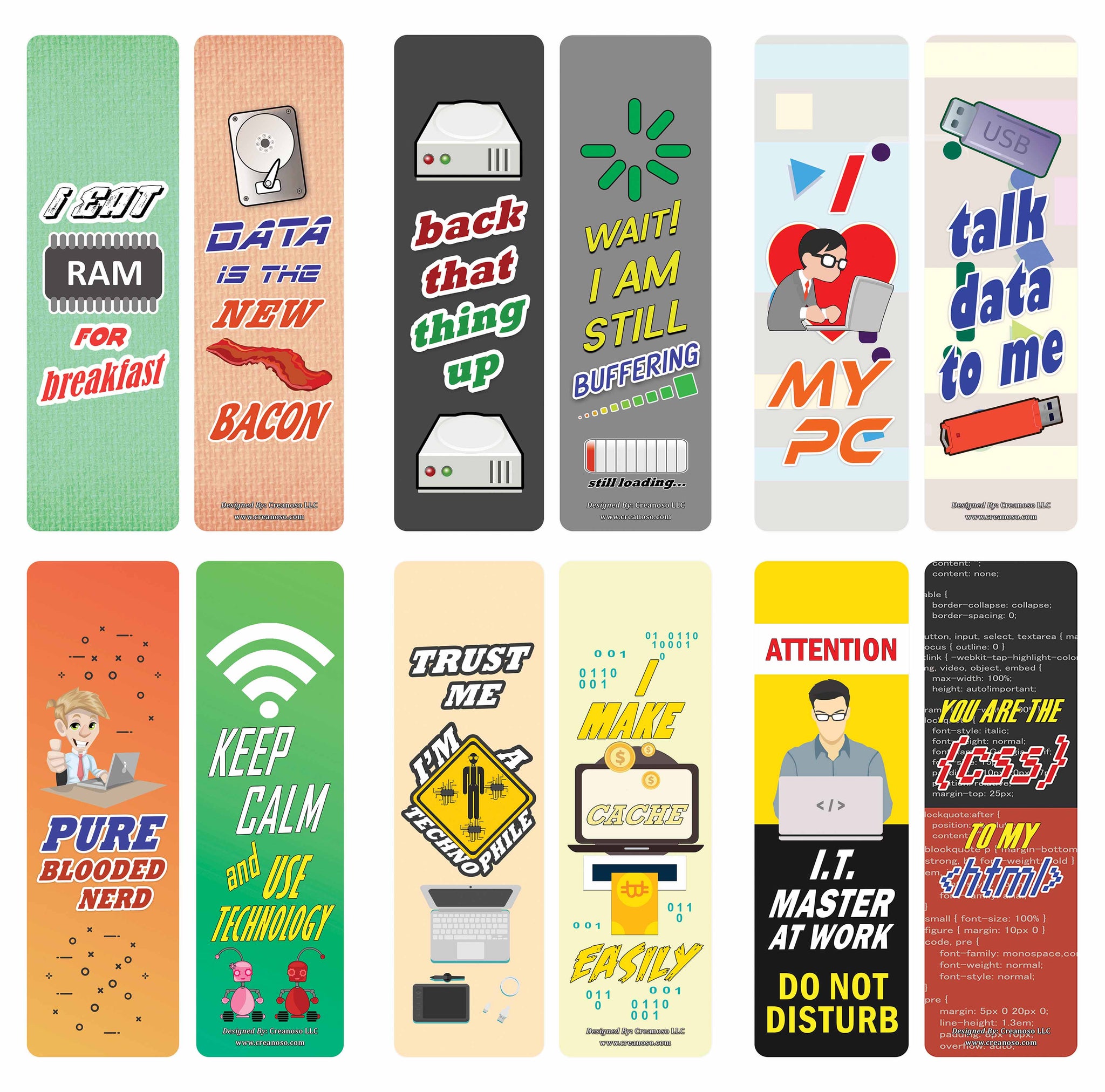 Creanoso Techie Sayings Technology Bookmarks (30-Pack) â€“ Awesome Bookmarks for Geeks, Nerds, Tech Lovers â€“ Unique Book Reading Page Binders â€“ Stocking Stuffers Gifts Rewards Token Ideas