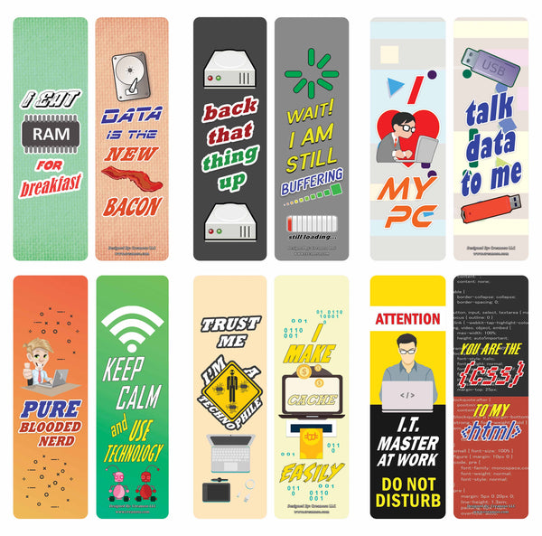 Creanoso Techie Sayings Technology Bookmarks (30-Pack) â€“ Awesome Bookmarks for Geeks, Nerds, Tech Lovers â€“ Unique Book Reading Page Binders â€“ Stocking Stuffers Gifts Rewards Token Ideas