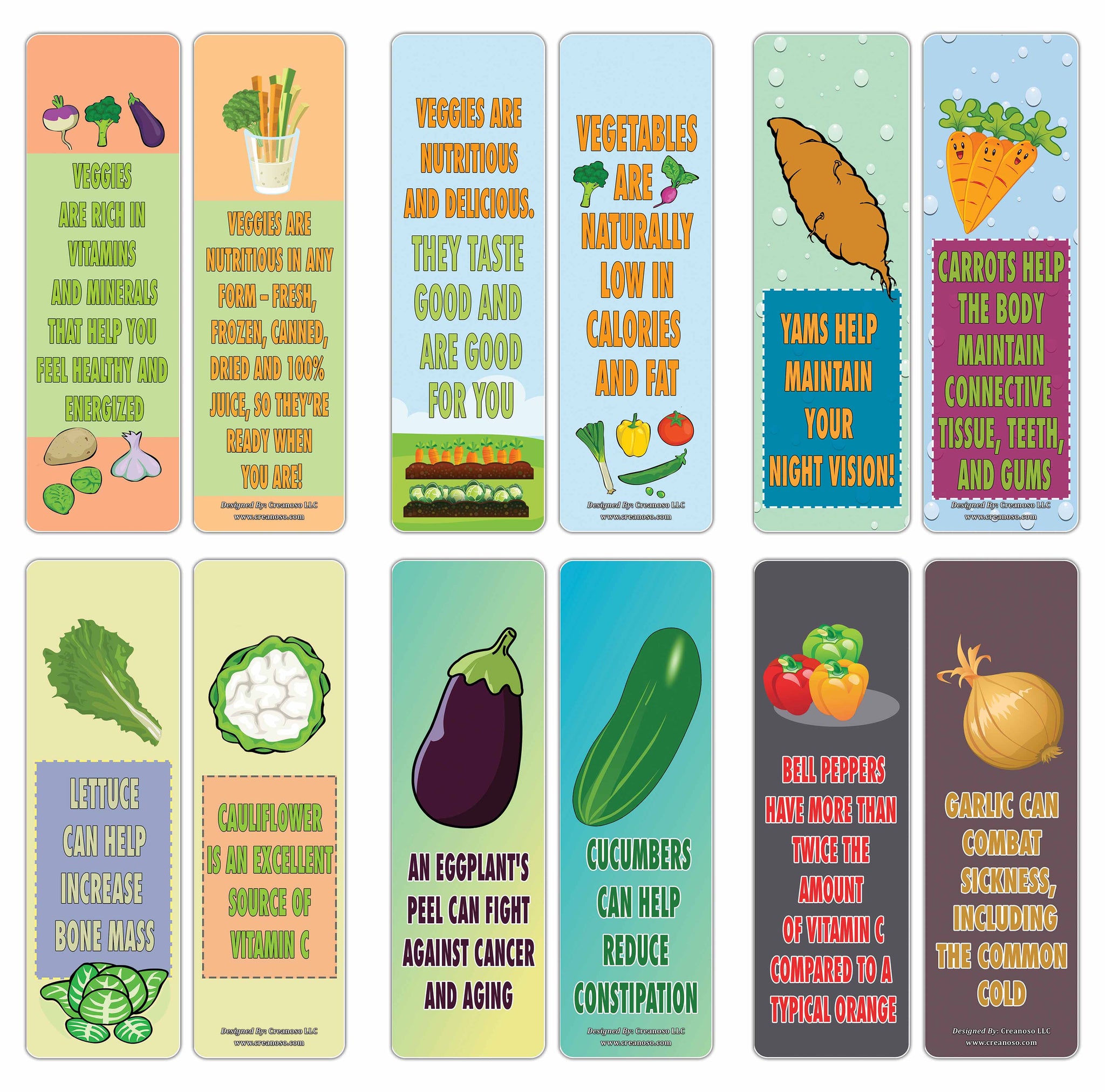 Creanoso Fun Reasons to Eat Vegetables Bookmarks (30-Pack) â€“ Awesome Learning Bookmarks for Children, Boys, Girls â€“ Unique Book Reading Page Binders â€“ Stocking Stuffers Gifts Rewards Token Ideas