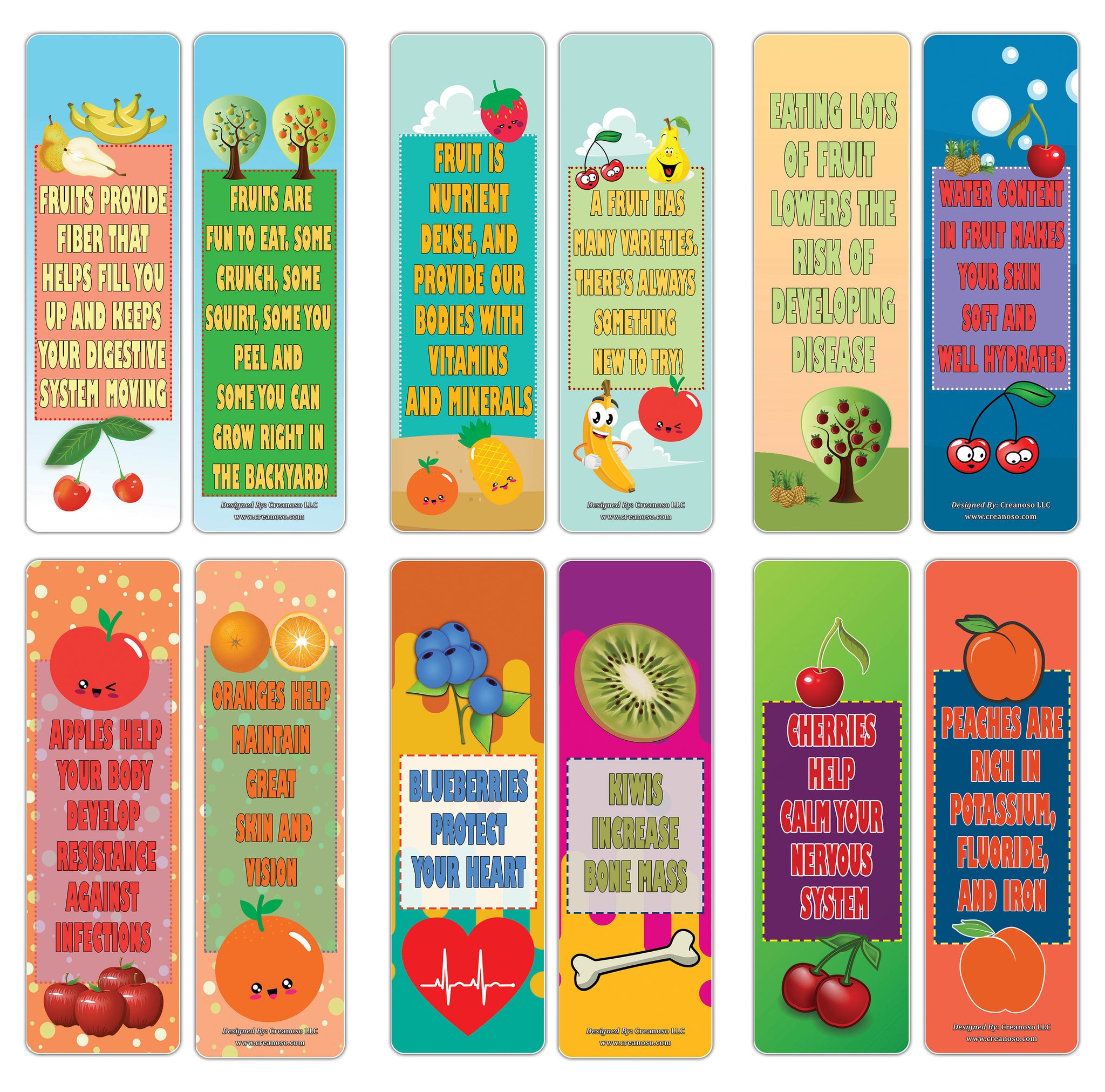 Creanoso Fun Reasons to Eat Fruits Bookmarks (60-Pack) Ã¢â‚¬â€œ Awesome Learning Bookmarks for Children, Boys, Girls Ã¢â‚¬â€œ Unique Book Reading Page Binders Ã¢â‚¬â€œ Stocking Stuffers Gifts Rewards Token Ideas
