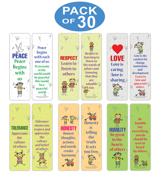 Creanoso Good Values Bookmarks for Kids Series 1 (30-Pack) â€“ Awesome Bookmarks for Young Bookworm â€“ Unique Book Reading Page Binders â€“ Stocking Stuffers Gifts Rewards Token Ideas