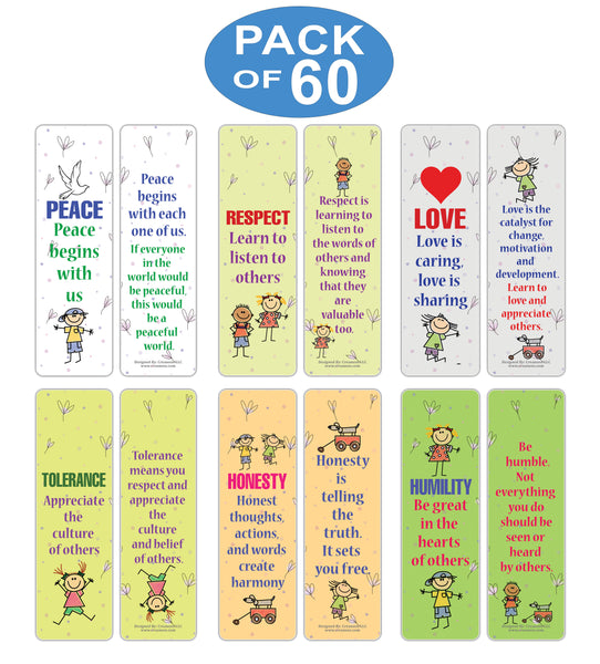 Creanoso Good Values Bookmarks for Kids Series 1 Bulk Pack (60-Pack) â€“ Great Party Favors Card Lot Set â€“ Epic Collection Set Book Page Clippers â€“ Cool Gifts for Children, Boys, Girls â€“ Teacher Rewards