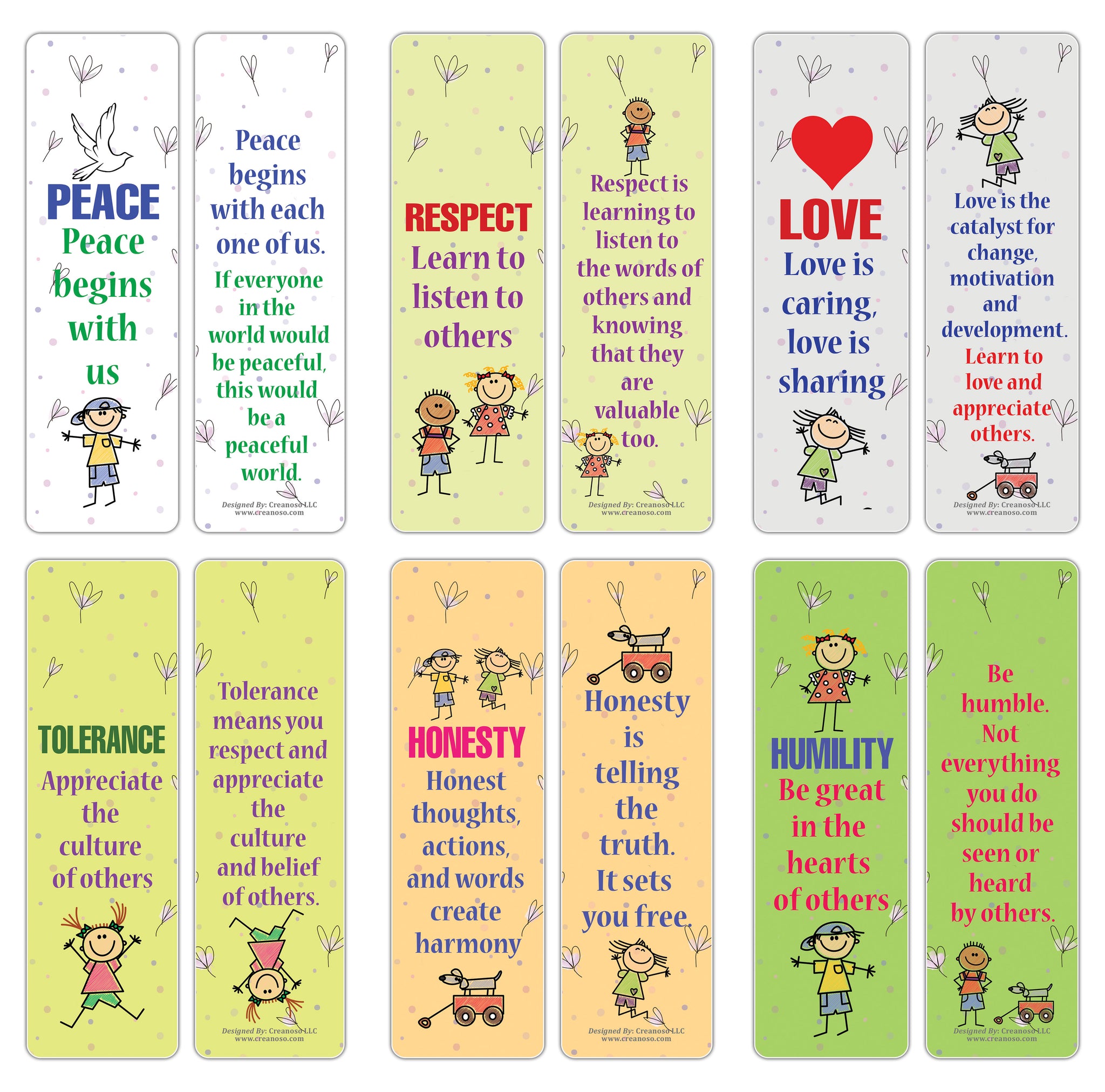 Creanoso Good Values Bookmarks for Kids Series 1 Bulk Pack (60-Pack) â€“ Great Party Favors Card Lot Set â€“ Epic Collection Set Book Page Clippers â€“ Cool Gifts for Children, Boys, Girls â€“ Teacher Rewards