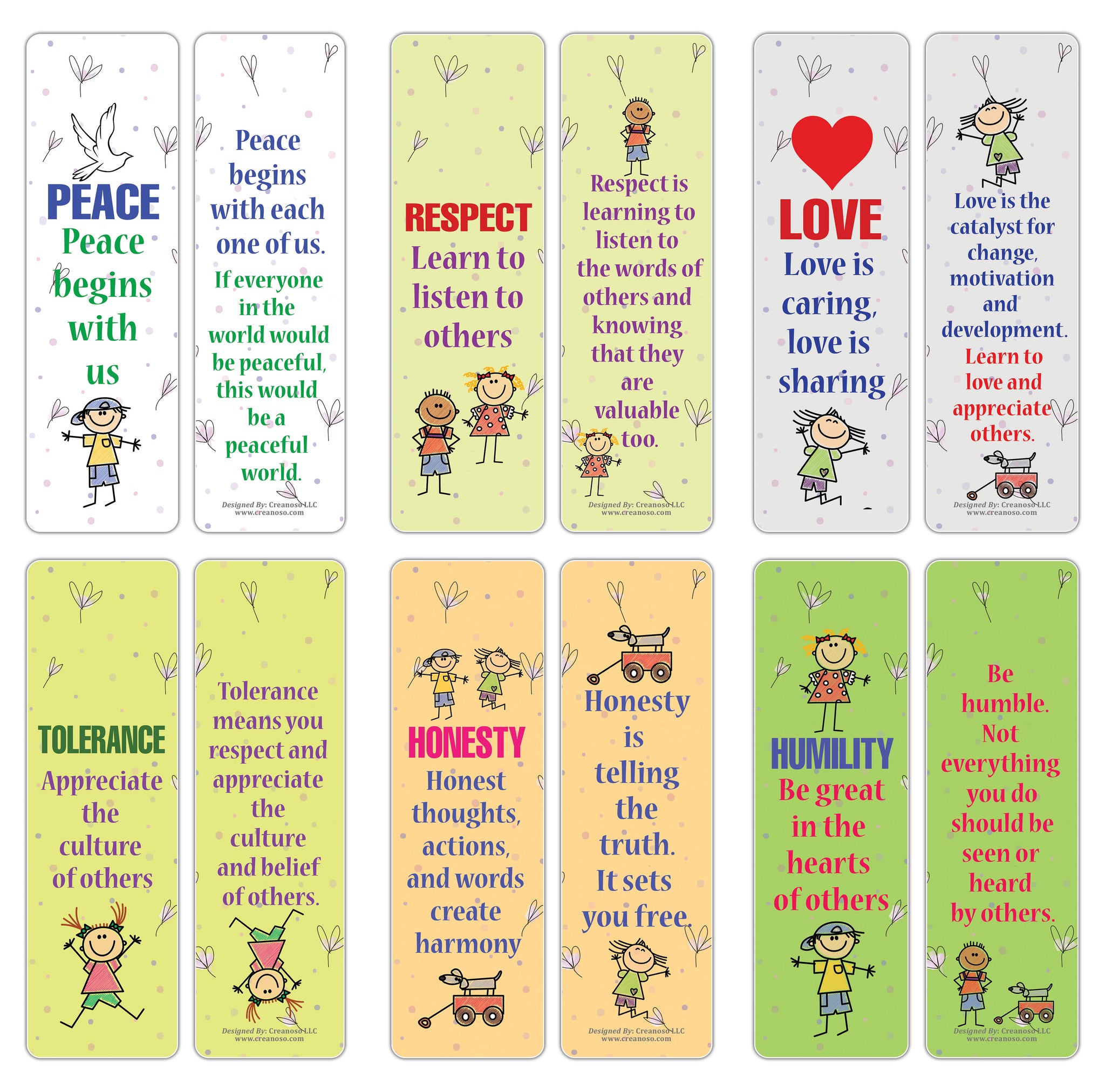 Creanoso Good Values Bookmarks for Kids Series 1 (12-Pack) â€“ Premium Gifts Bookmarks for Young Bookworm â€“ Stocking Stuffers for Boys Girls Teens Children â€“ Home Office Supplies â€“ DIY Kit