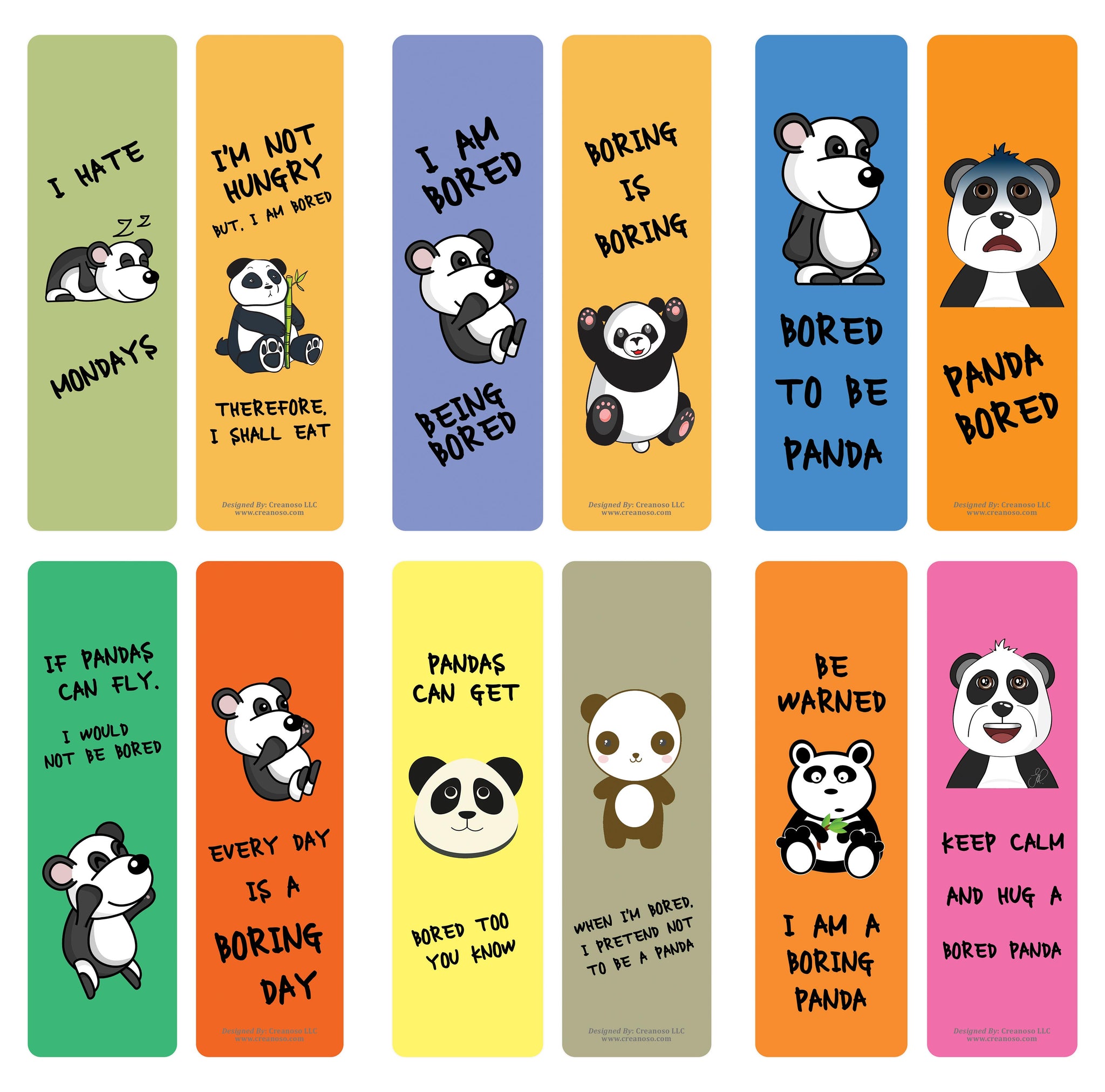Creanoso Bored Animal Sayings Bookmarks - Panda Theme (10-Sets X 6 Cards) â€“ Daily Inspirational Card Set â€“ Interesting Book Page Clippers â€“ Great Gifts for Adults and Professionals