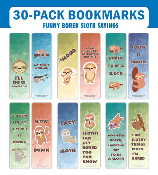 Creanoso Bored Animal Sayings Bookmarks - Sloth Theme (5-Sets X 6 Cards) â€“ Daily Inspirational Card Set â€“ Interesting Book Page Clippers â€“ Great Gifts for Adults and Professionals