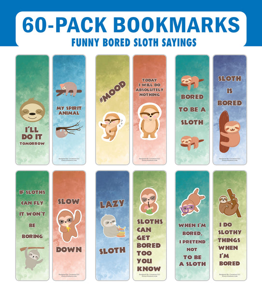 Creanoso Bored Animal Sayings Bookmarks - Sloth Theme (10-Sets X 6 Cards) â€“ Daily Inspirational Card Set â€“ Interesting Book Page Clippers â€“ Great Gifts for Adults and Professionals